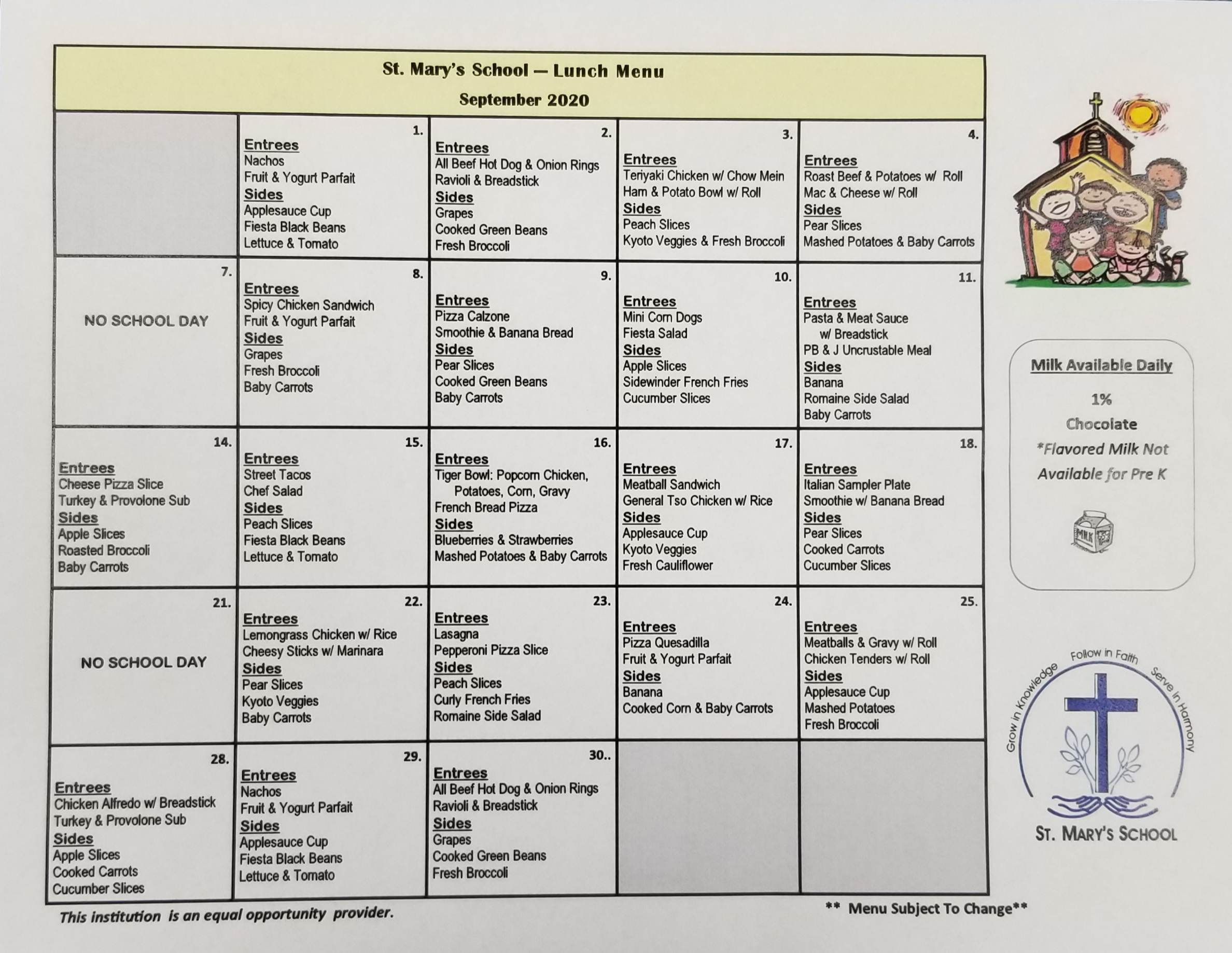 Lunch Menu St. Mary School New Richmond